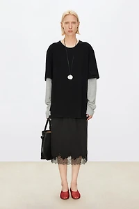 Embossed Lace Panel Midi Skirt