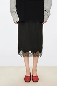 Embossed Lace Panel Midi Skirt
