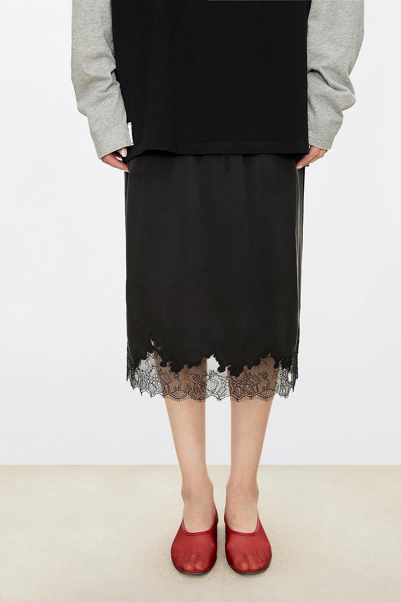 Embossed Lace Panel Midi Skirt