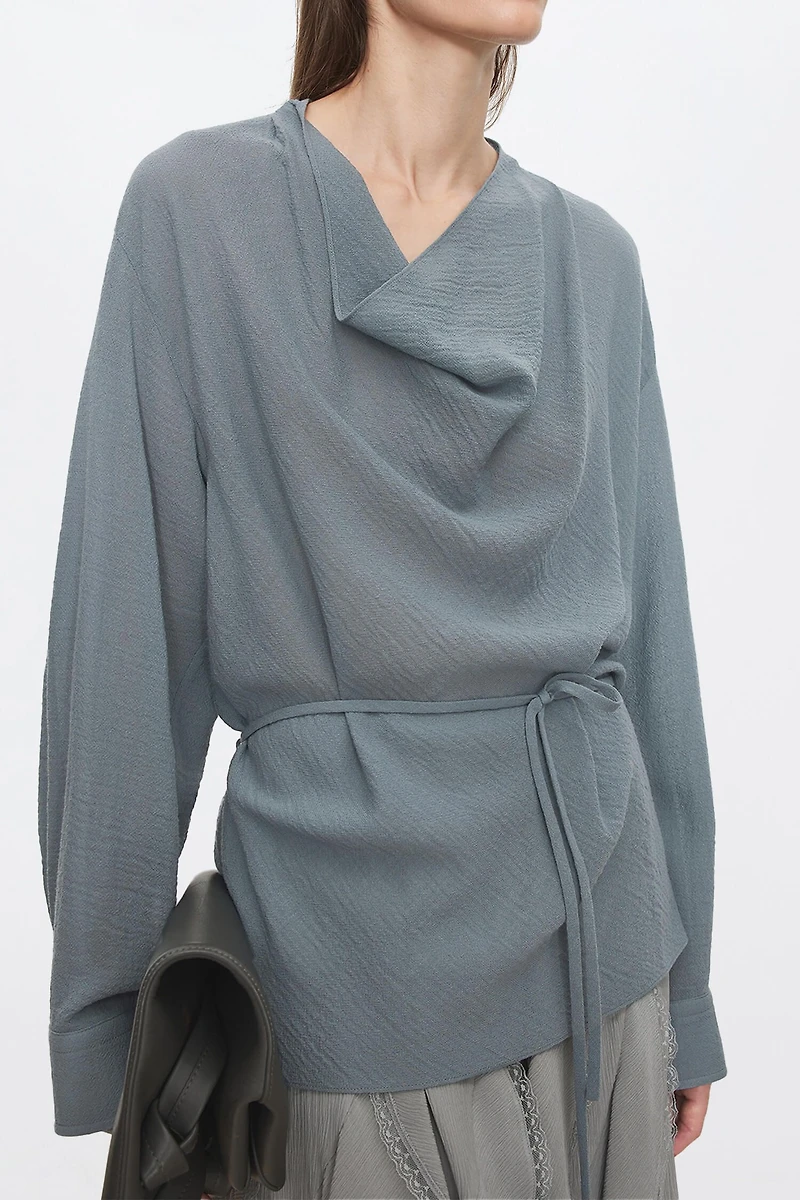 European Crêpe Wool Bias-Cut Drape-Neck Shirt