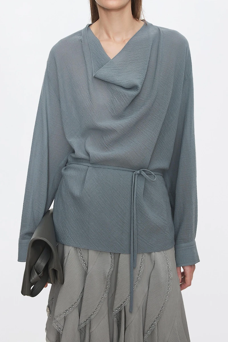 European Crêpe Wool Bias-Cut Drape-Neck Shirt