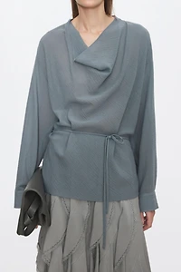 European Crêpe Wool Bias-Cut Drape-Neck Shirt