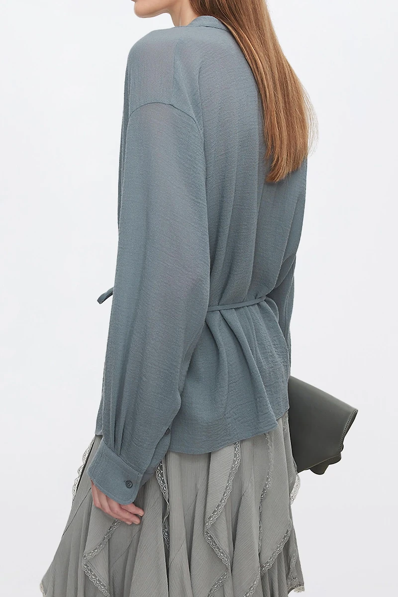European Crêpe Wool Bias-Cut Drape-Neck Shirt