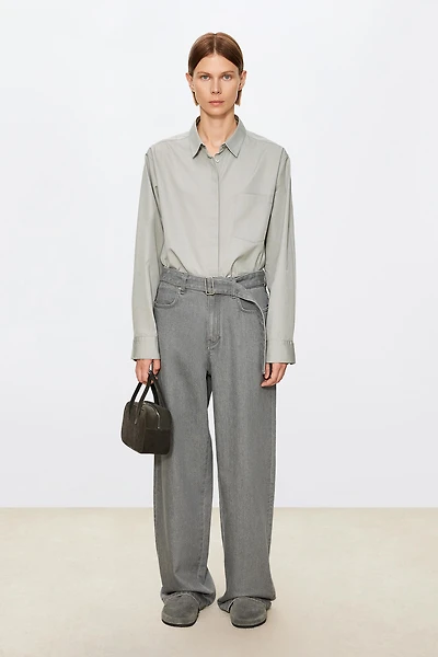 European Denim Long-Belt High-Waist Straight-Leg Pants