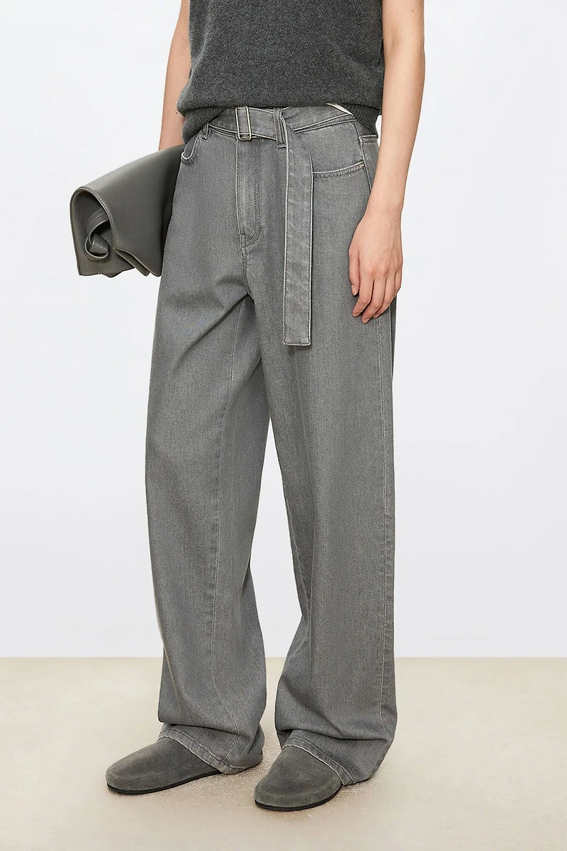 European Denim Long-Belt High-Waist Straight-Leg Pants