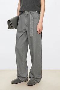 European Denim Long-Belt High-Waist Straight-Leg Pants