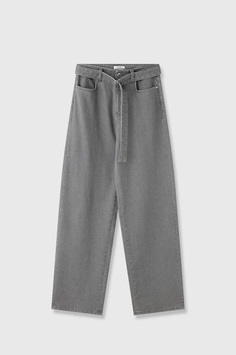 European Denim Long-Belt High-Waist Straight-Leg Pants