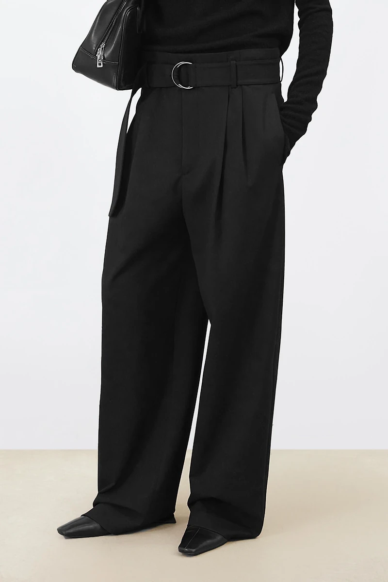 European Fine-Spun Wool D-Ring Waistband Trousers