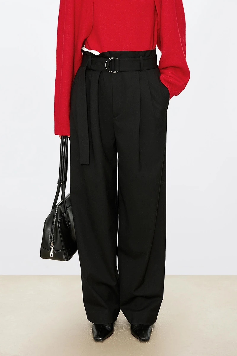 European Fine-Spun Wool D-Ring Waistband Trousers