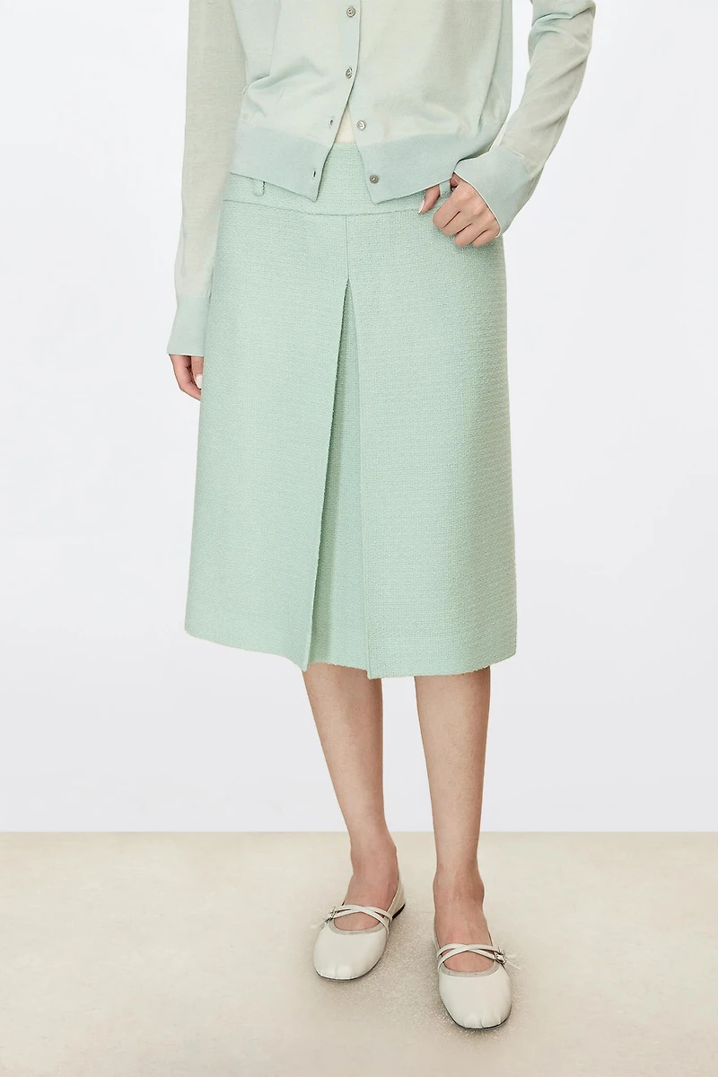European Pure Wool Tweed Single Pleated Midi Skirt
