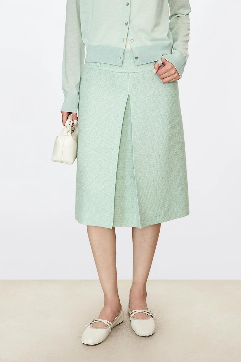 European Pure Wool Tweed Single Pleated Midi Skirt