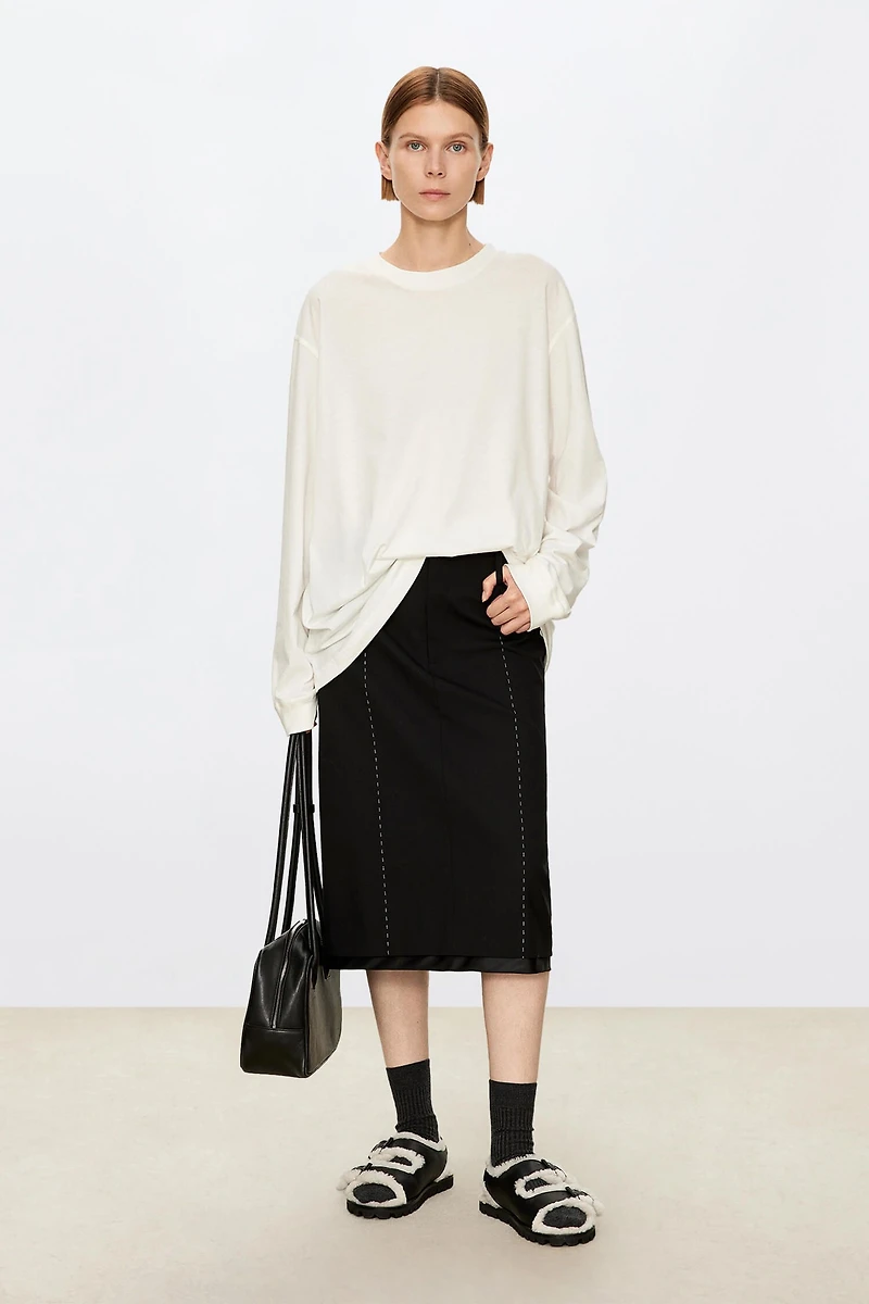 Fine Wool Hand-Stitched White Thread Tiered Midi Skirt