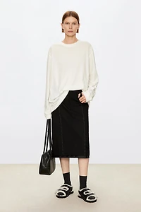 Fine Wool Hand-Stitched White Thread Tiered Midi Skirt