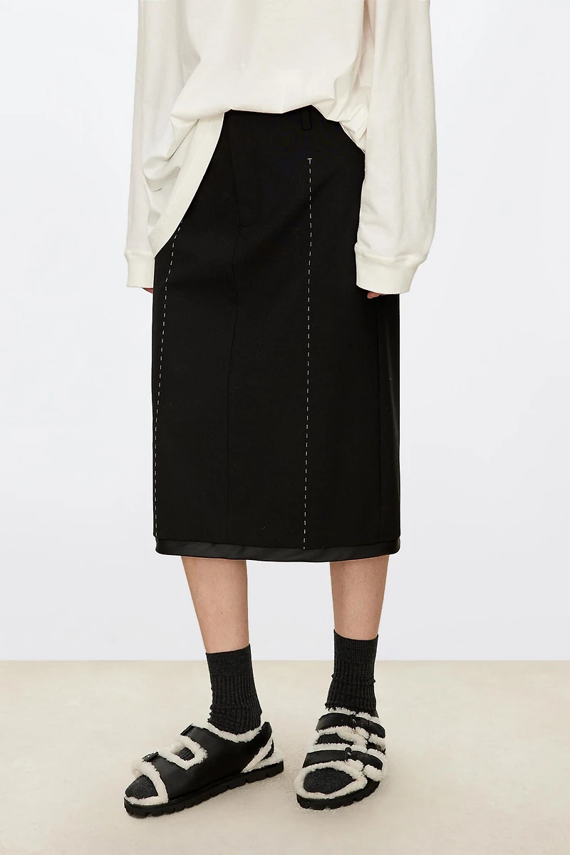 Fine Wool Hand-Stitched White Thread Tiered Midi Skirt