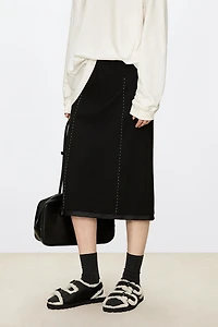 Fine Wool Hand-Stitched White Thread Tiered Midi Skirt