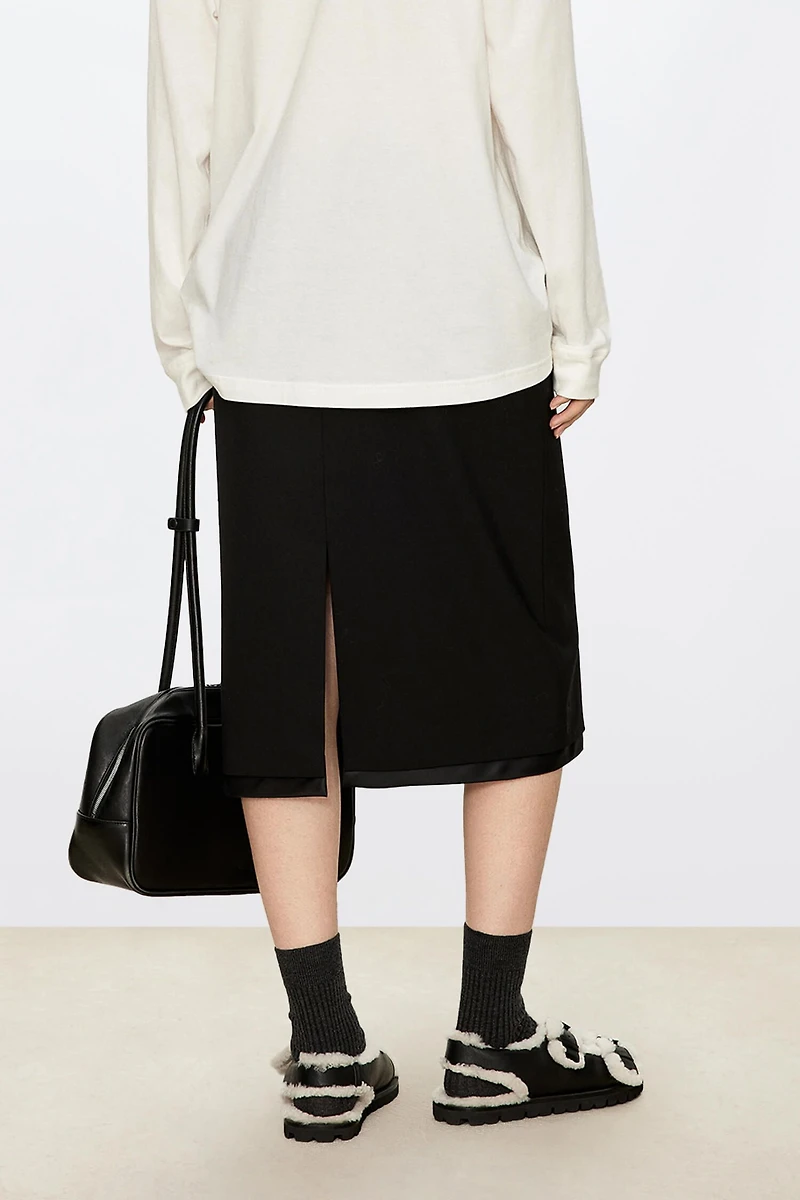 Fine Wool Hand-Stitched White Thread Tiered Midi Skirt