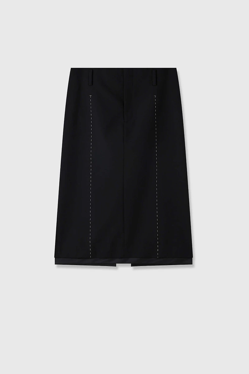 Fine Wool Hand-Stitched White Thread Tiered Midi Skirt