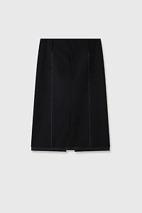 Fine Wool Hand-Stitched White Thread Tiered Midi Skirt