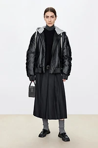 Faux Leather Goose Down Hooded Jacket