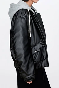 Faux Leather Goose Down Hooded Jacket