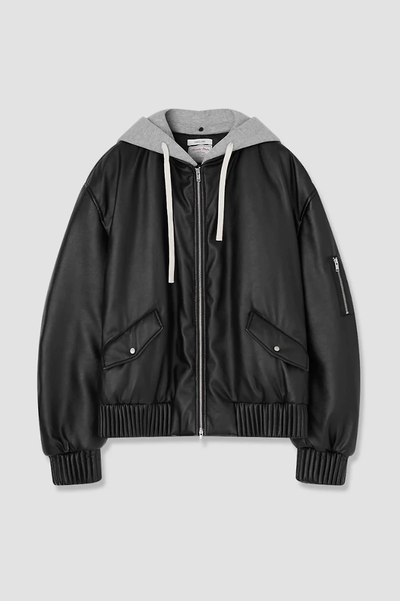 Faux Leather Goose Down Hooded Jacket
