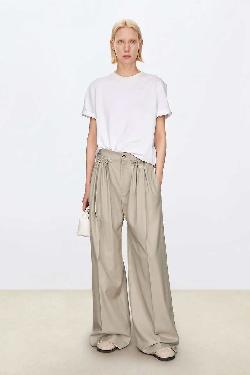 Fine Wool Layered Double-Waist Pleated Wide-Leg Trousers