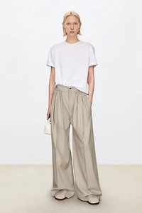 Fine Wool Layered Double-Waist Pleated Wide-Leg Trousers