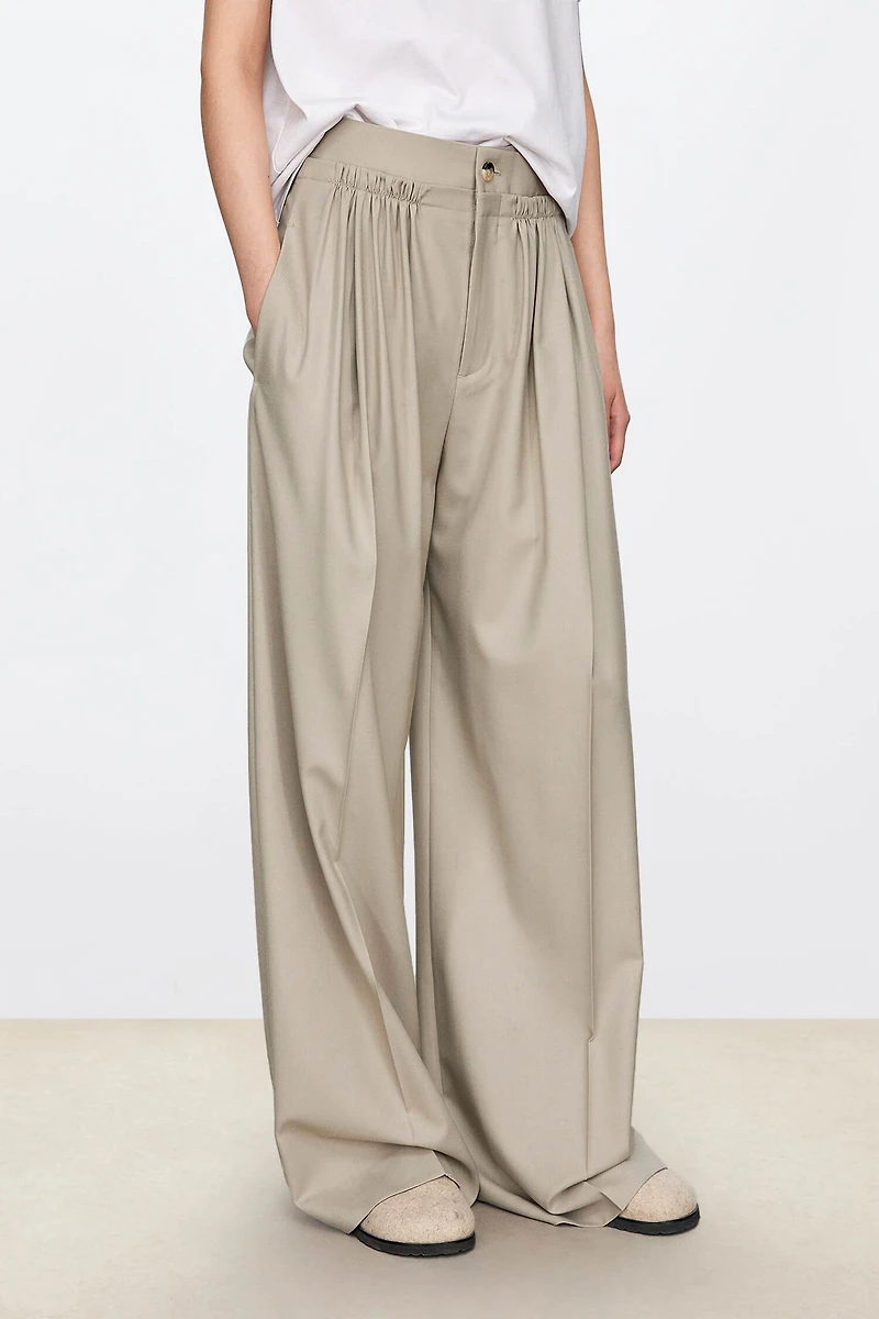Fine Wool Layered Double-Waist Pleated Wide-Leg Trousers