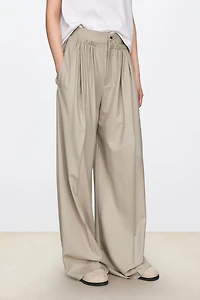 Fine Wool Layered Double-Waist Pleated Wide-Leg Trousers