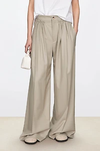 Fine Wool Layered Double-Waist Pleated Wide-Leg Trousers
