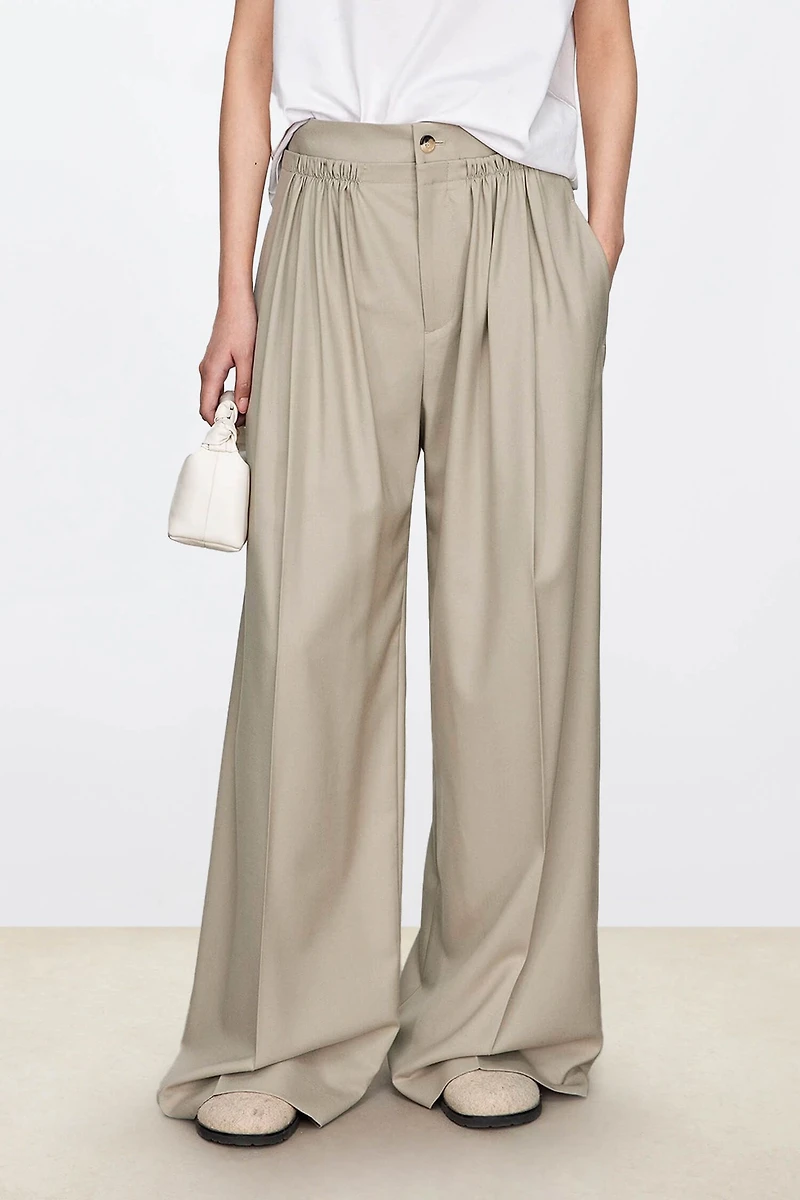 Fine Wool Layered Double-Waist Pleated Wide-Leg Trousers