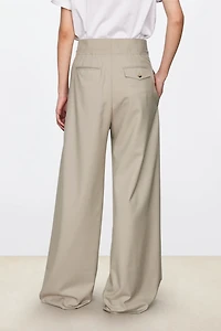 Fine Wool Layered Double-Waist Pleated Wide-Leg Trousers