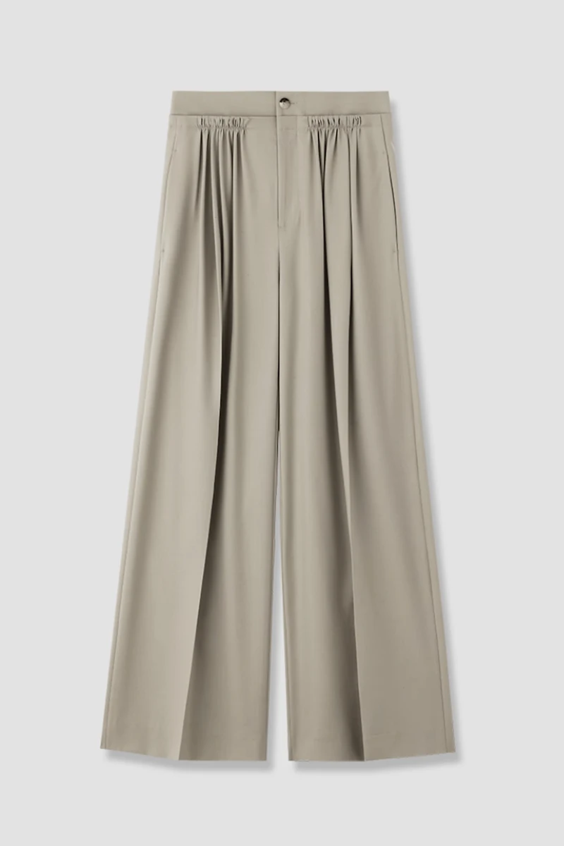 Fine Wool Layered Double-Waist Pleated Wide-Leg Trousers