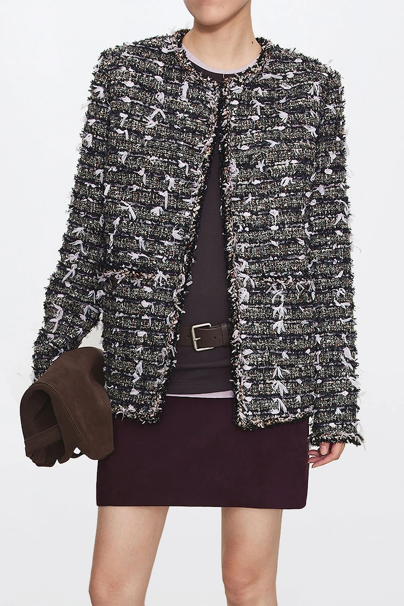 French Tweed Structured Bouclé Jacket Dark Grey