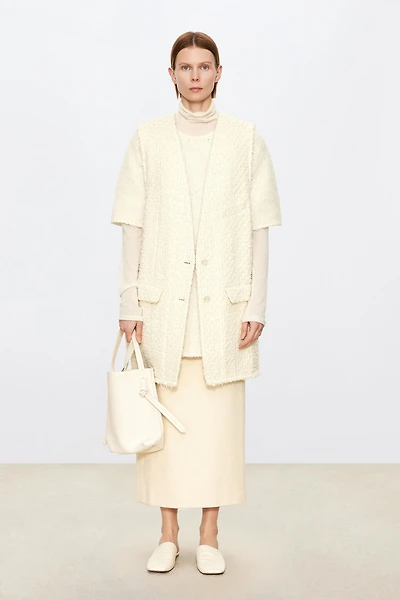 French Wool Tweed V-Neck Vest Creamy