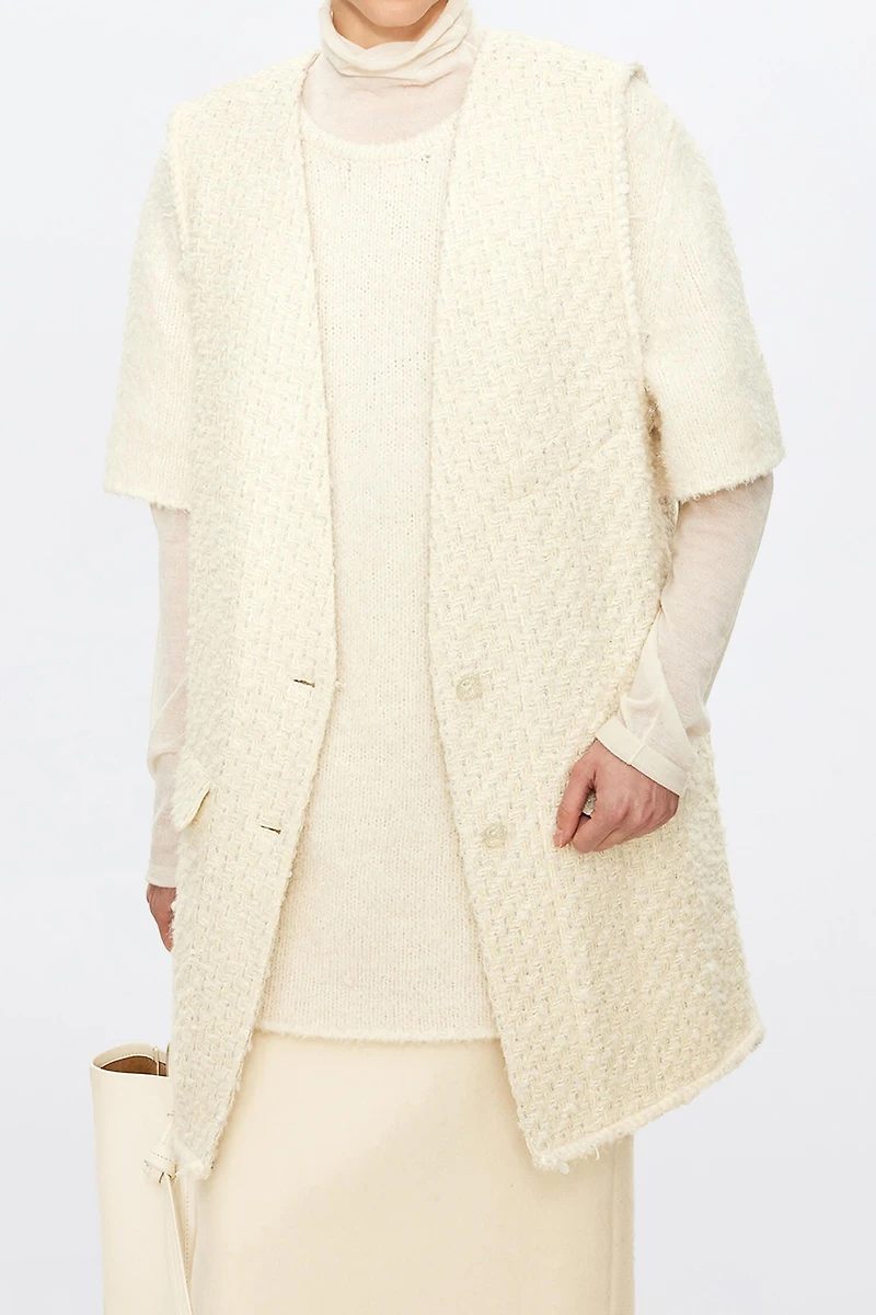 French Wool Tweed V-Neck Vest Creamy
