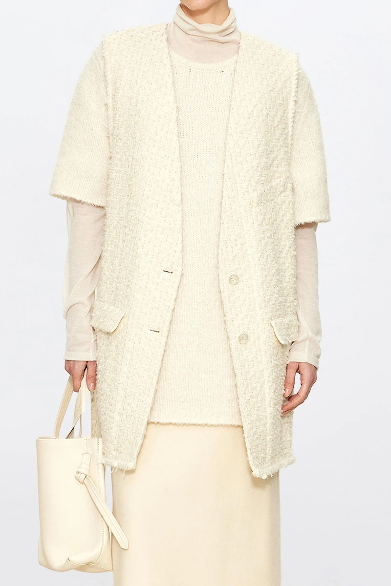French Wool Tweed V-Neck Vest Creamy