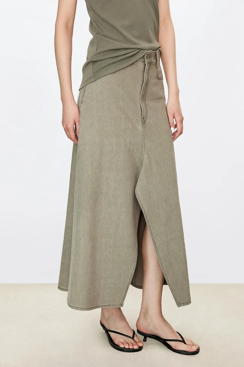 Front Slit Washed Denim Skirt
