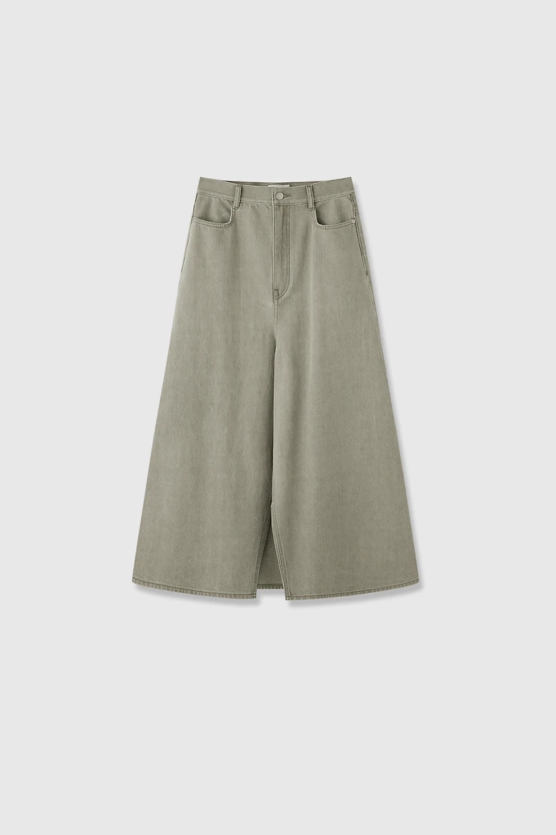 Front Slit Washed Denim Skirt