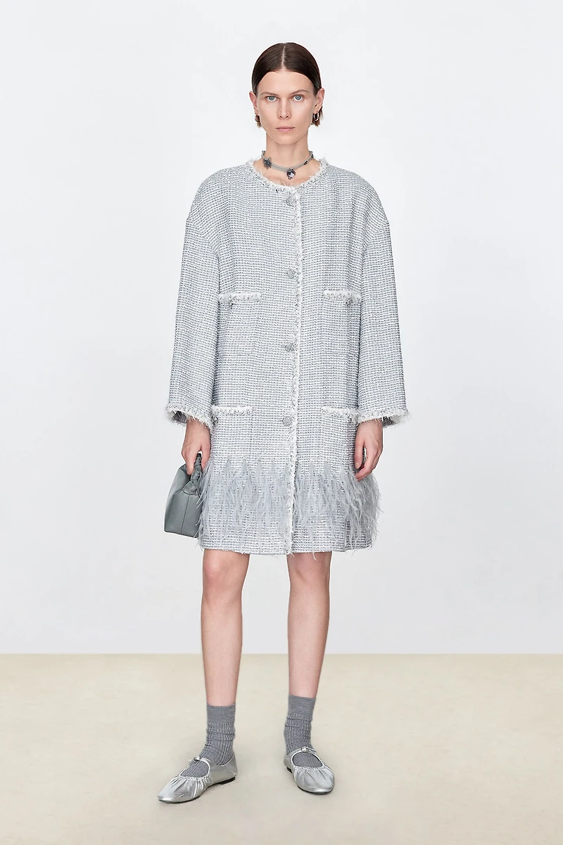Hand-Beaded Sequin Tweed Coat with Ostrich Feather