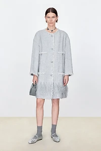 Hand-Beaded Sequin Tweed Coat with Ostrich Feather