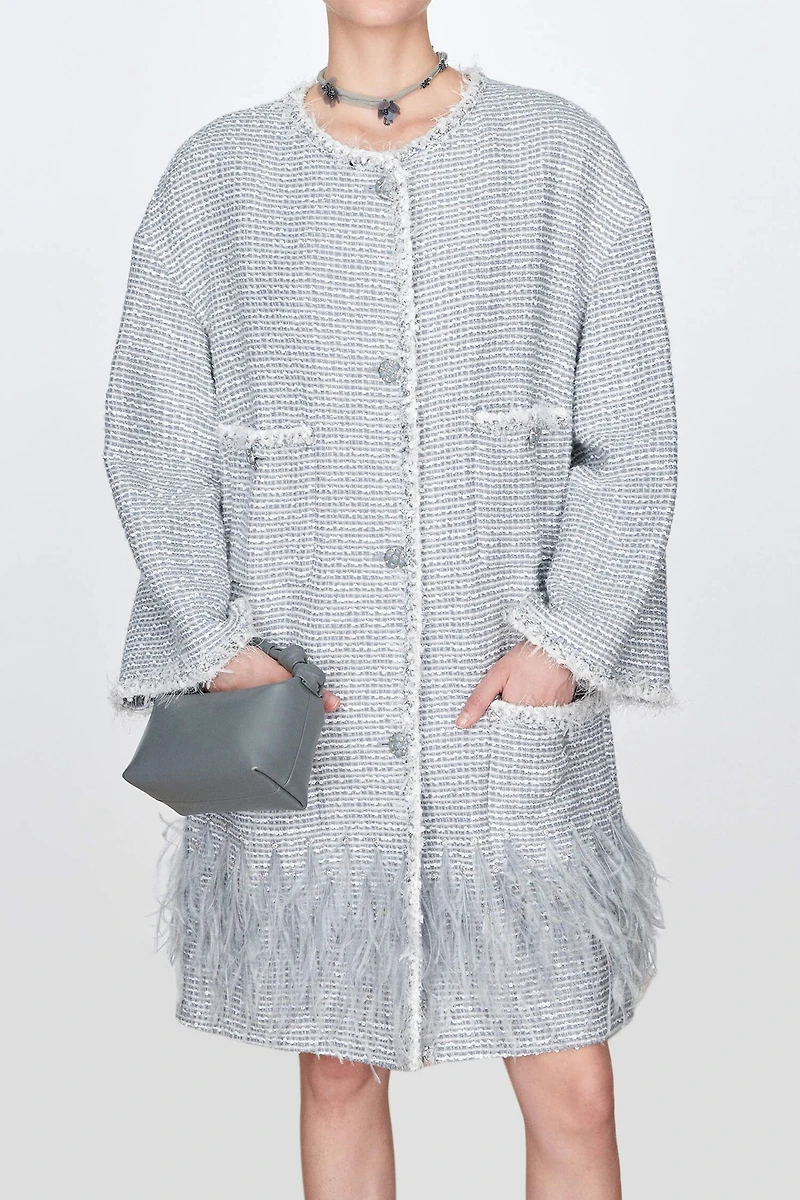 Hand-Beaded Sequin Tweed Coat with Ostrich Feather