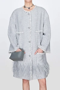 Hand-Beaded Sequin Tweed Coat with Ostrich Feather