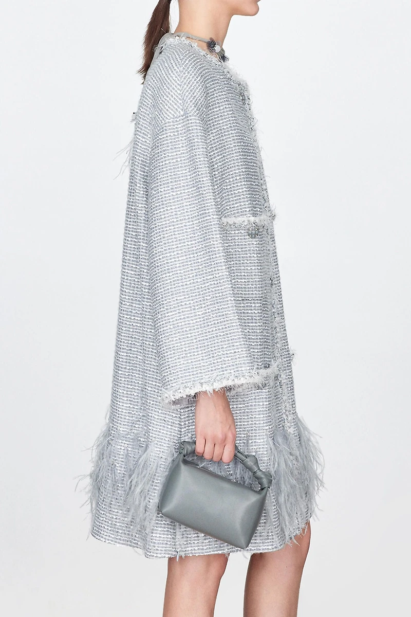 Hand-Beaded Sequin Tweed Coat with Ostrich Feather