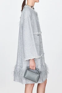 Hand-Beaded Sequin Tweed Coat with Ostrich Feather