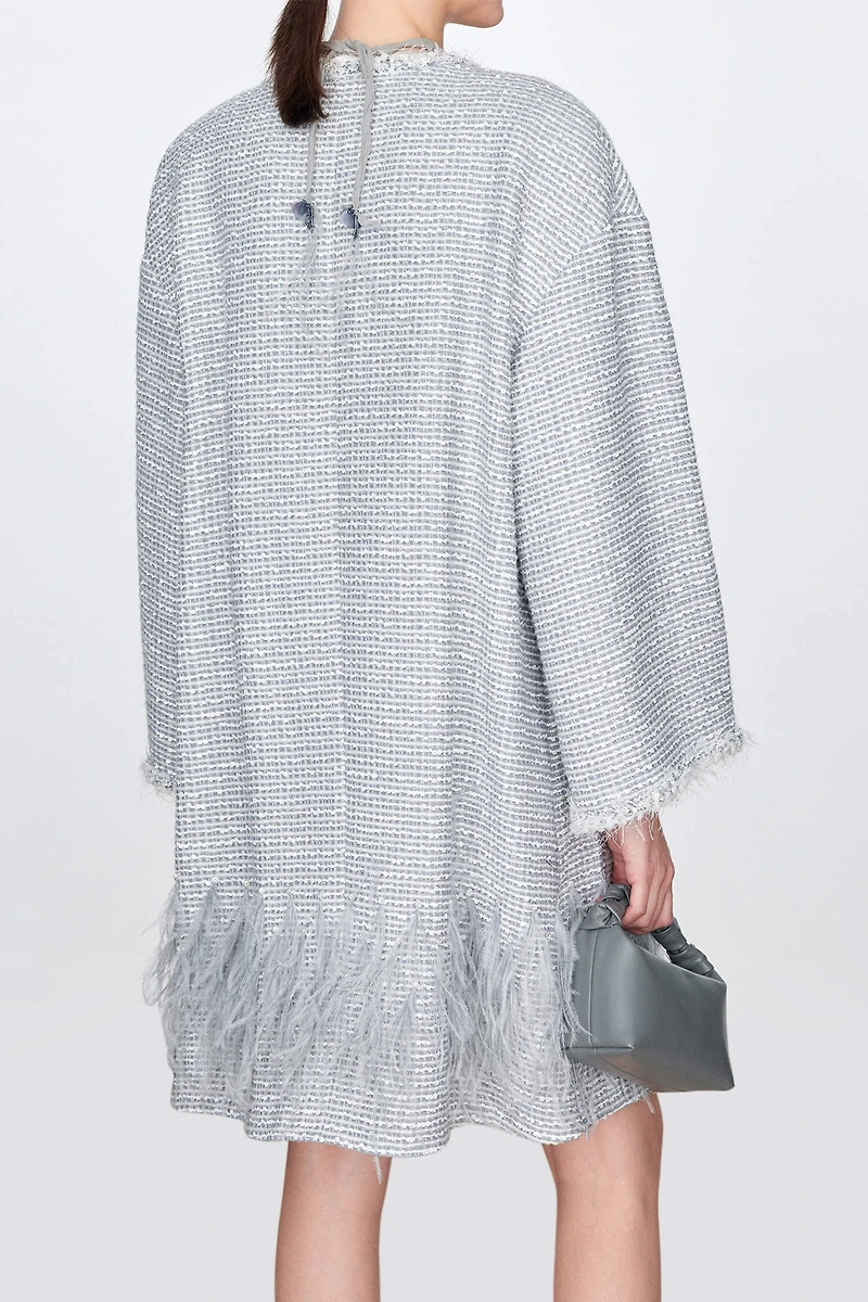 Hand-Beaded Sequin Tweed Coat with Ostrich Feather