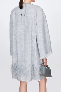 Hand-Beaded Sequin Tweed Coat with Ostrich Feather