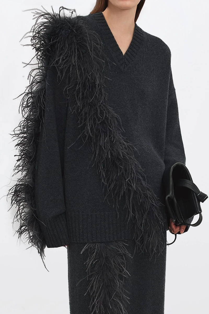 Hand-Fringed Ostrich Feather Oversized Sweater