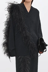 Hand-Fringed Ostrich Feather Oversized Sweater