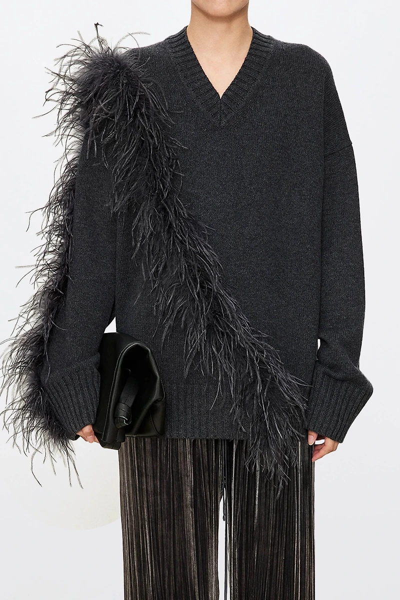 Hand-Fringed Ostrich Feather Oversized Sweater